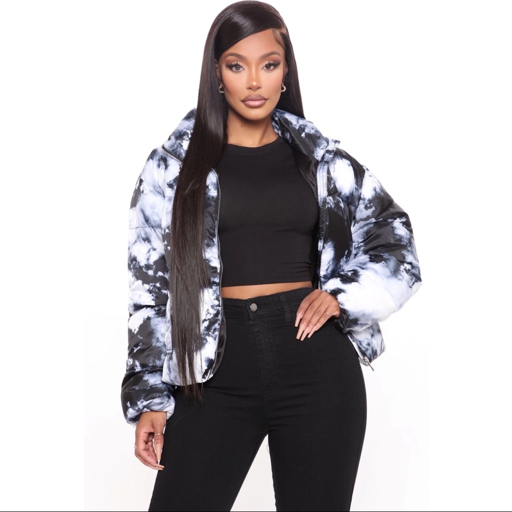 Black and white tie dye puffer jacket